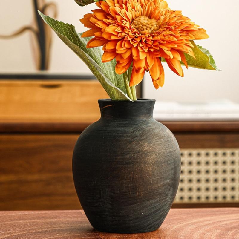 Farmhouse Ceramic Flower Vases with Rounded Bottle Shape and Matte Distressed Texture for Living Room Table, Shelf, Decors