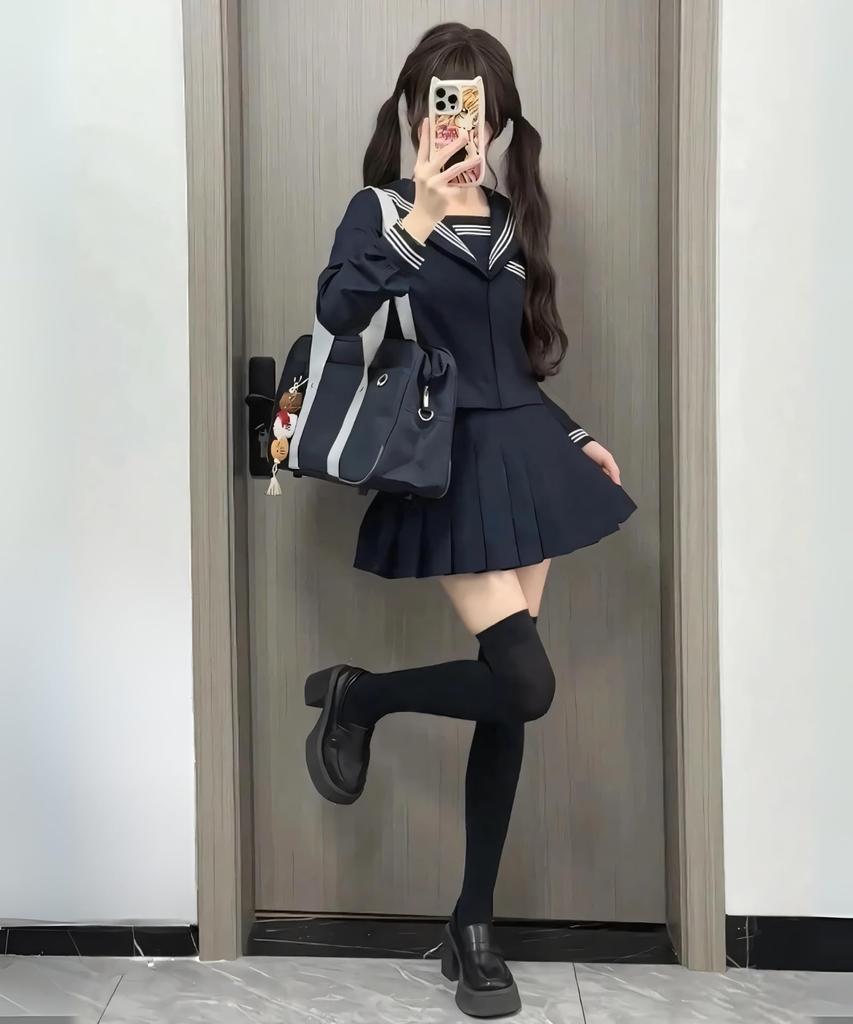 Bubu Ohana Langermet Sjømannsuniform Topp og Underdelssett med Plissert Mini Cosplay Halloween Event Kostyme med Settstørrelse L Størrelse Skjørt, Uniform,