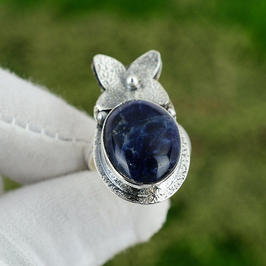 Natürlicher Sodalith Edelstein 925 Silber Statement Verstellbarer Ring Für Damen
