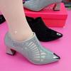 Summer new soft leather mesh high-heeled sandals hollow rhinestone breathable low-heeled pointed sandals