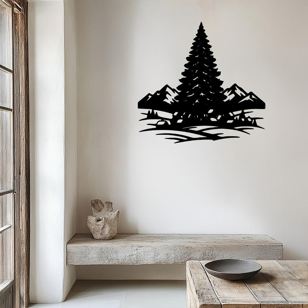 Pine Tree Mountain Metal Wall Art Weather Resistant Sculpture Christmas New Year Gift Nature Lovers Living Room Garden Fence Decor 1pc