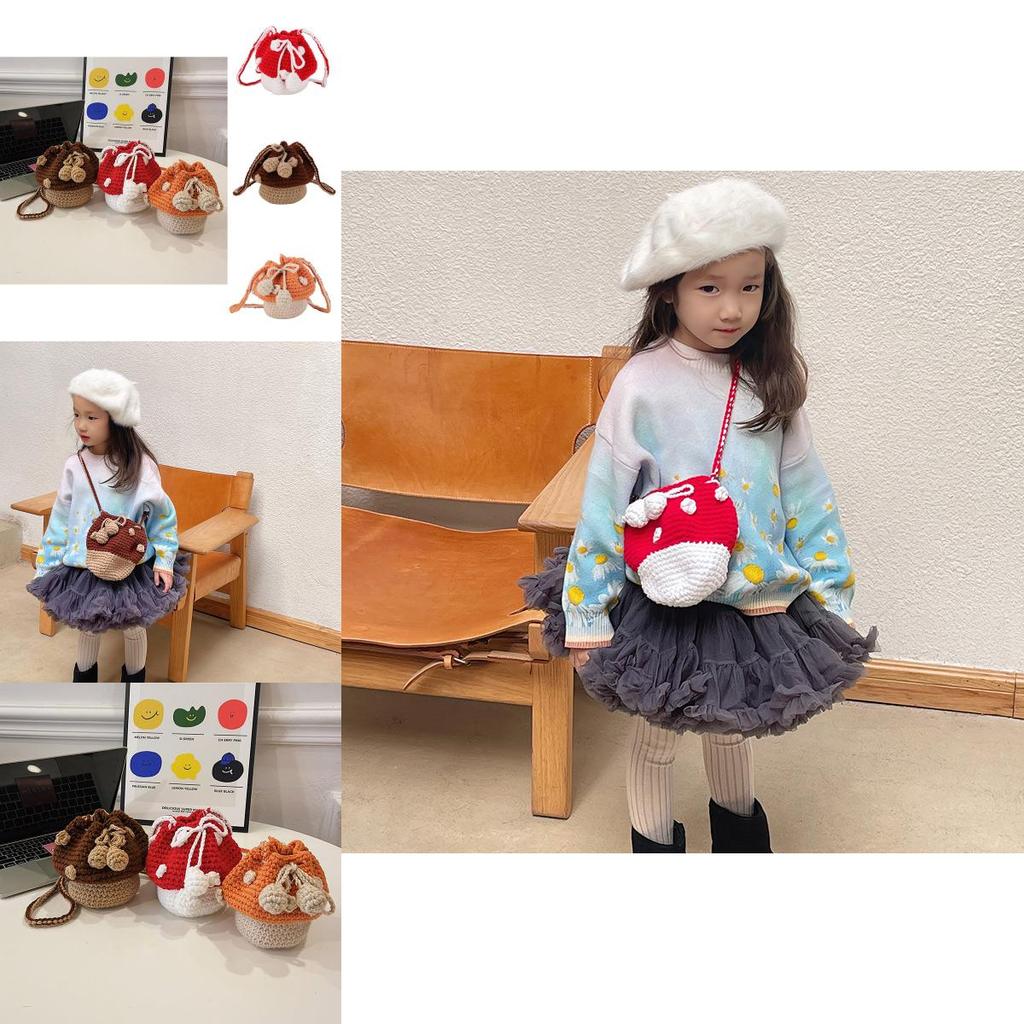 Adorable Fashionable Mushroom Knit Crochet Bag For Kids In Orange Red And Brown Colors