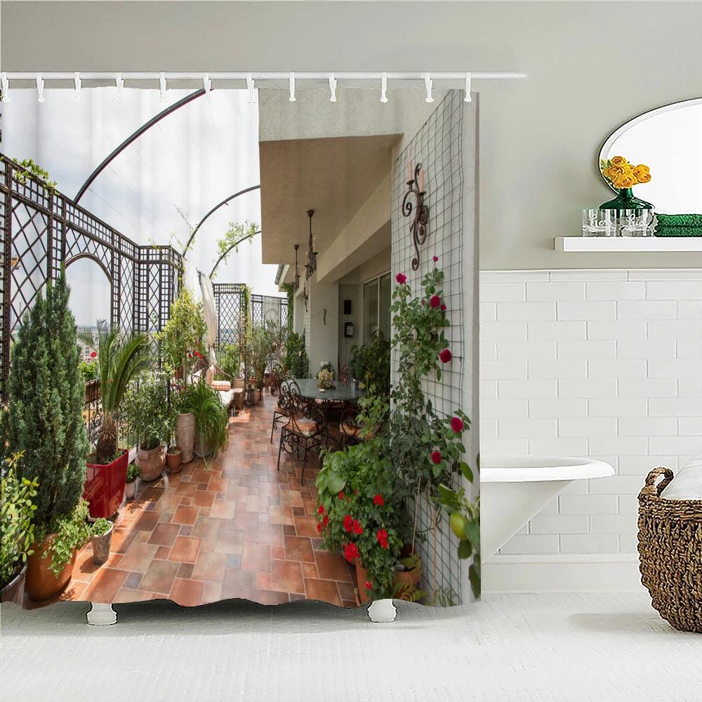 Town Street Scenery Shower Curtains Home Decor Polyester Fabric Bathroom Shower Curtains Oil Painting Waterproof Bath Curtains