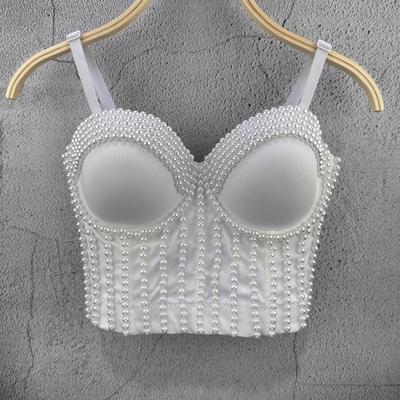 Regata Pequena Artesanal de Pérolas com Alças Fashion e Juvenil Modeladora Retrô Cor Sólida Espinha de Peixe Roupa de Performance para Boate Camis Regatas