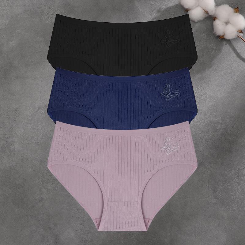 FINETOO 3Pcs/Set Women Cotton Ribbed Mid Rise Briefs Seamless High Quality Butterfly Embroidered Panties Ladies Soft Breathable Lingerie