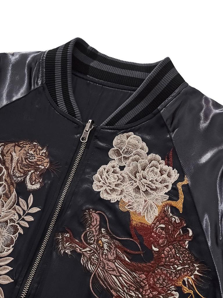 Huaxia Junpin Embroidered Dragon Tiger Baseball Jacket - Heavy Duty Chinese Style Outerwear, S108