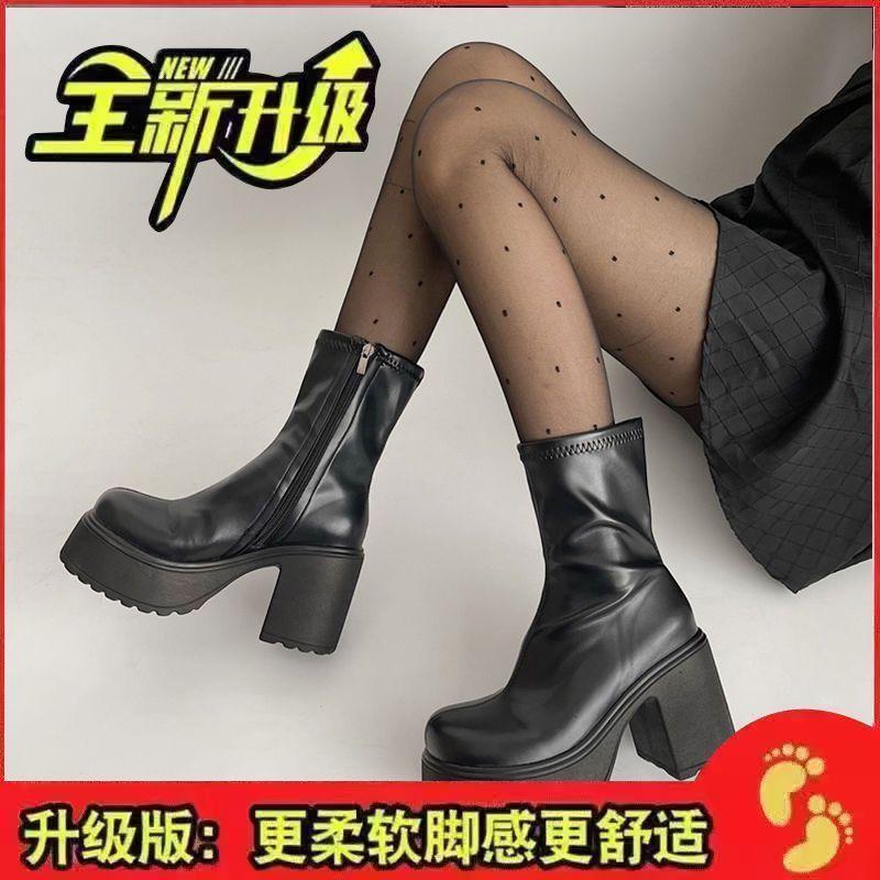 Black small British style platform Martin boots women's summer 2025 new thin high-heeled short boots