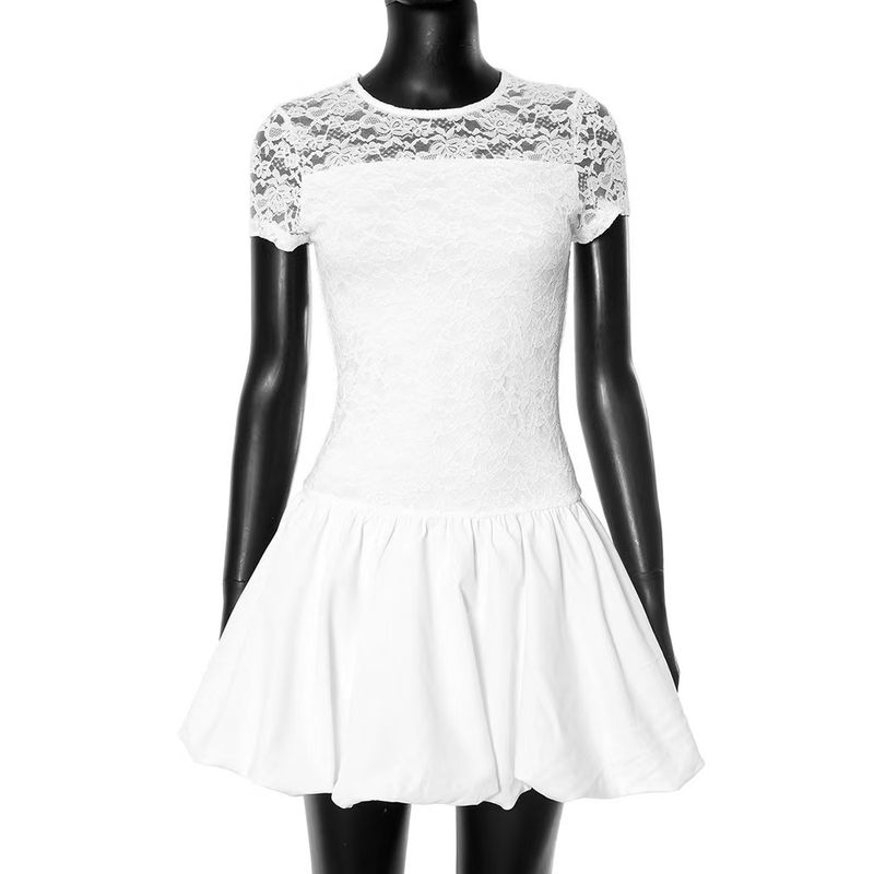 

Fashion Style Silm round Neck Lace Patchwork Dress round Neck Neck Lace Patchwork Dress White S