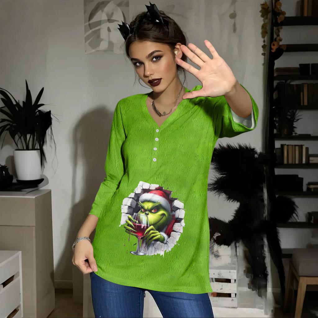 Women's Casual Fashion Sexy Comfortable Christmas Print V-Neck Button Three-quarter Sleeve Top