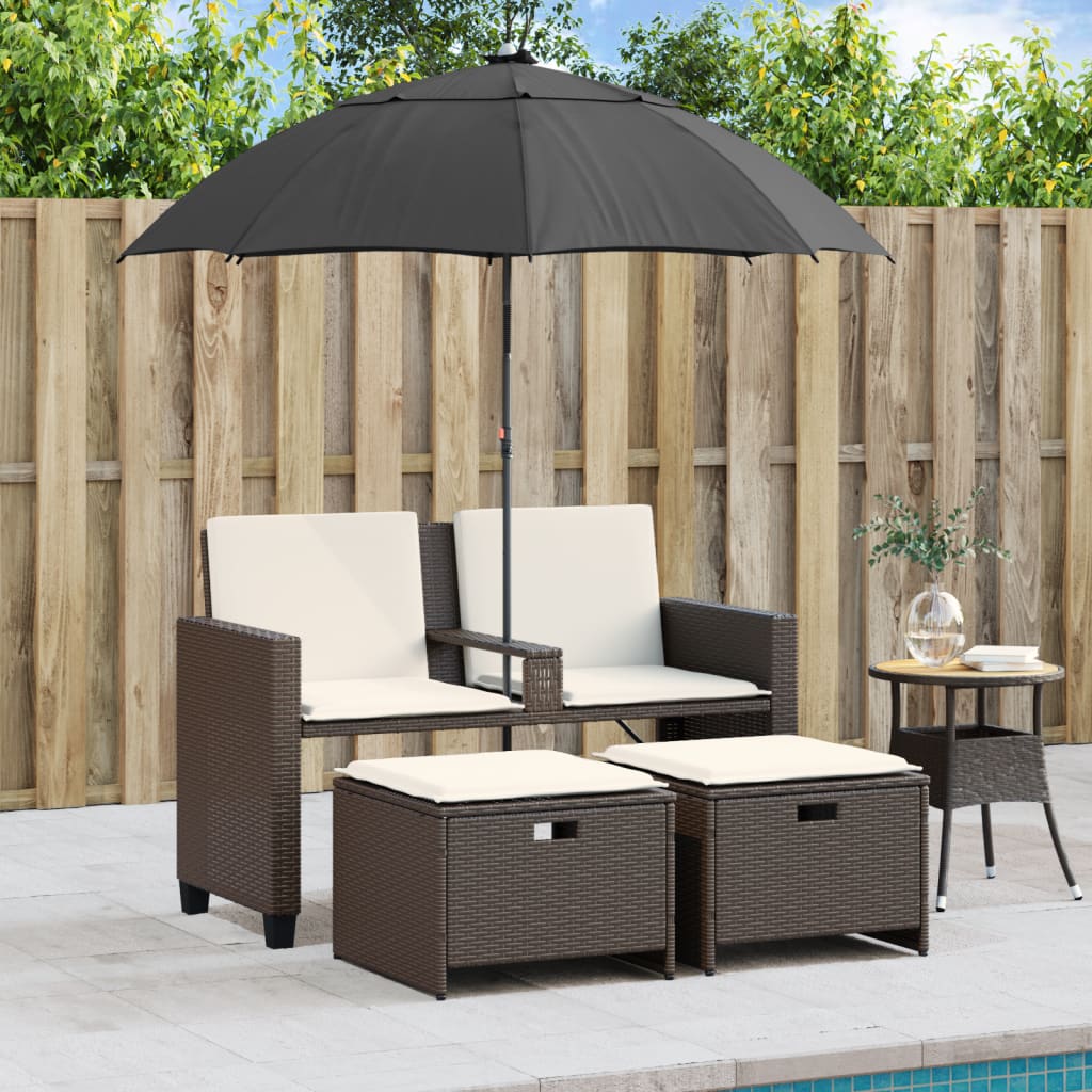 Garden Sofa 2 Seater with Sun Umbrella and Footstools Brown Poly Rattan