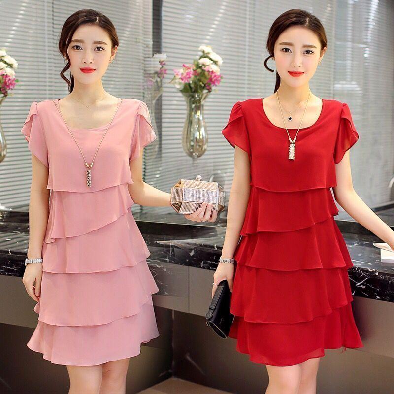 Kleid Damen Sommer Wellenschnitt Rüsche Süß Einfarbig Kurzarm Schlanke Kleider Dame Lässig All-Match Vestido Rundhalsausschnitt Chiffon