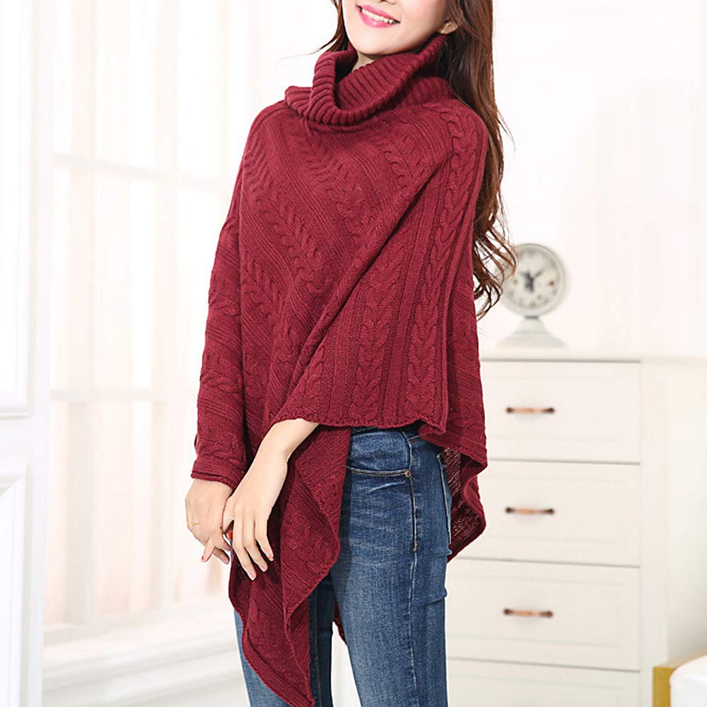 ANMIDA Knit Loose Knit Outerwear for Fall and Winter Women's Poncho, Turtleneck, Fit, Sweater,
