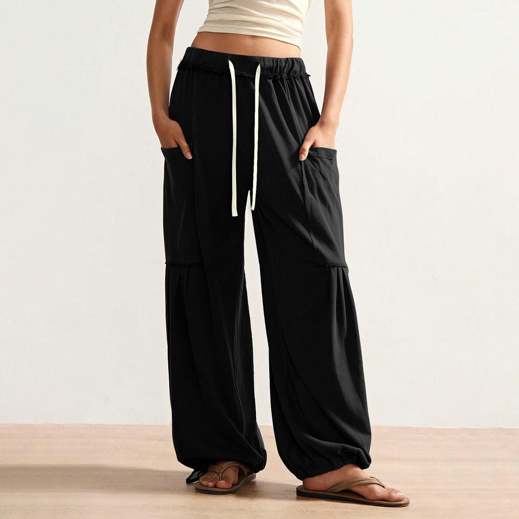 Women's Fashionable Loose Solid Color Elastic Waist Pocket Straight Leg Casual Pants