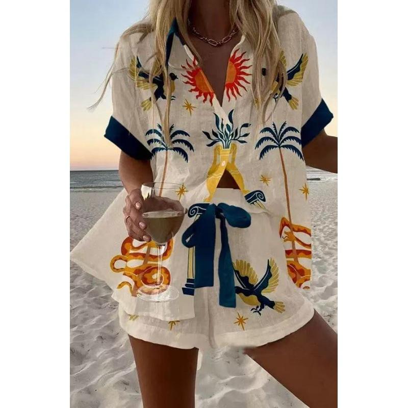 Sommar Ny Dam Tryckt Kortärmad Skjorta Set Hög Midja Löst Tryckt Shorts Tvådelat Casual Mångsidigt Set