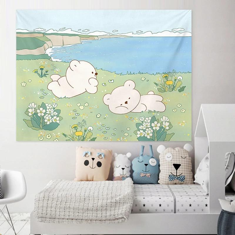 Cute Girly Heart Cartoon Bear Art Hanging Cloth Home Wall Decoration Tapestry Office Living Room Tapestry