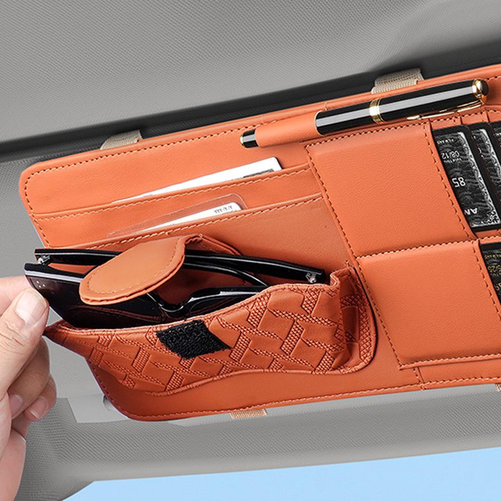 Car Sun Visor Glasses Holder, Pu Leather Multi Pocket Storage Pouch With Card Slots, Eyeglass Clip Organizer For Interior