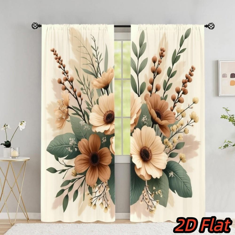 2PCS Floral Curtains, Brown Flower Green Leaf, Digital Print, Bedroom Living Room, Office, Bathroom, Holiday Decoration