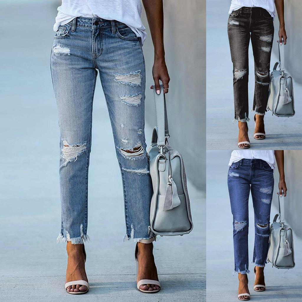 Trendy Women's Vintage Black Distressed Jeans, Frayed Rips & Raw Hem Casual Pants, Streetwear Jeans for Daily & Casual Outings