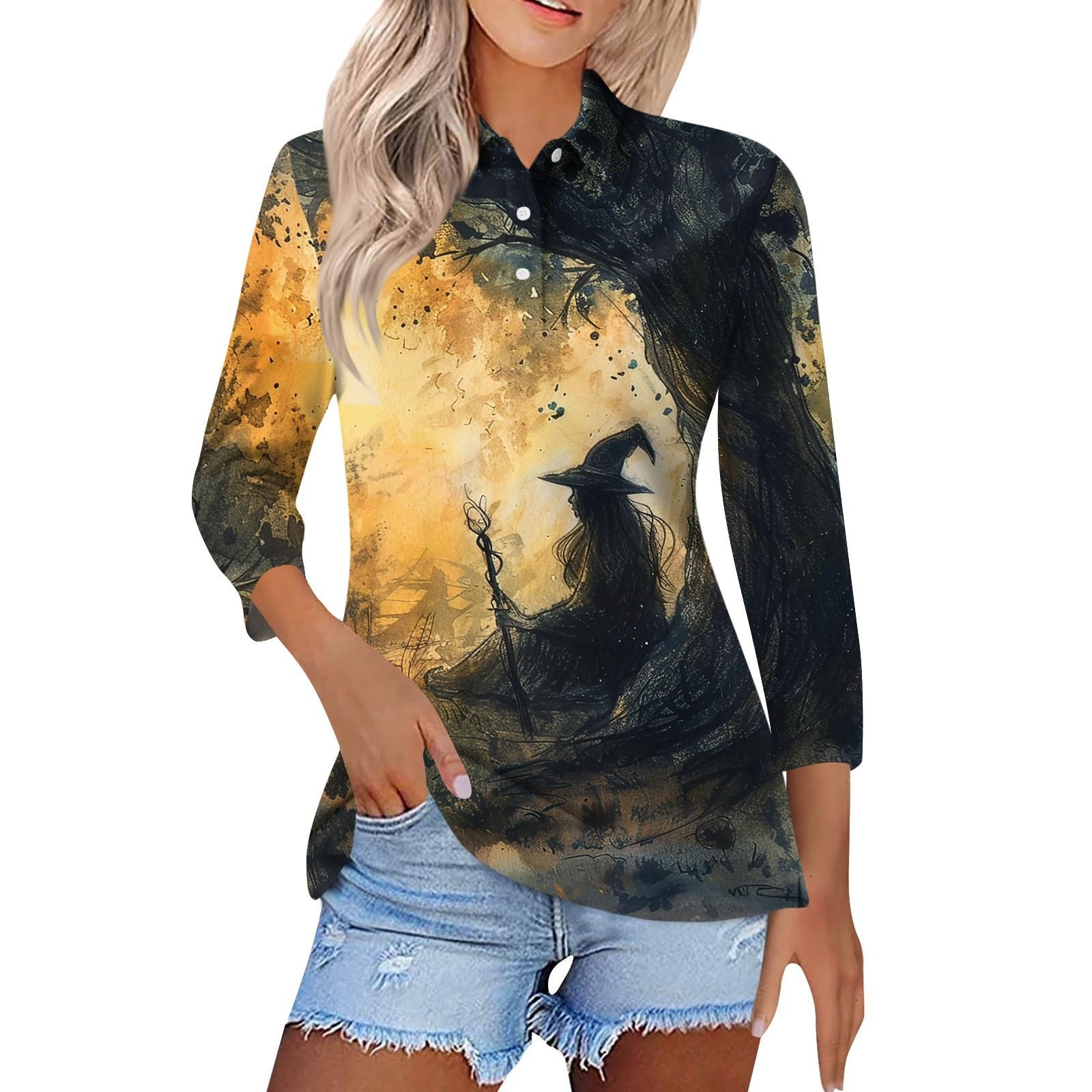 

Женская модная повседневная рубашка с лацканами и рукавом 3/4 с принтом на Хэллоуин, женские топы на пуговицах XL жёлтый