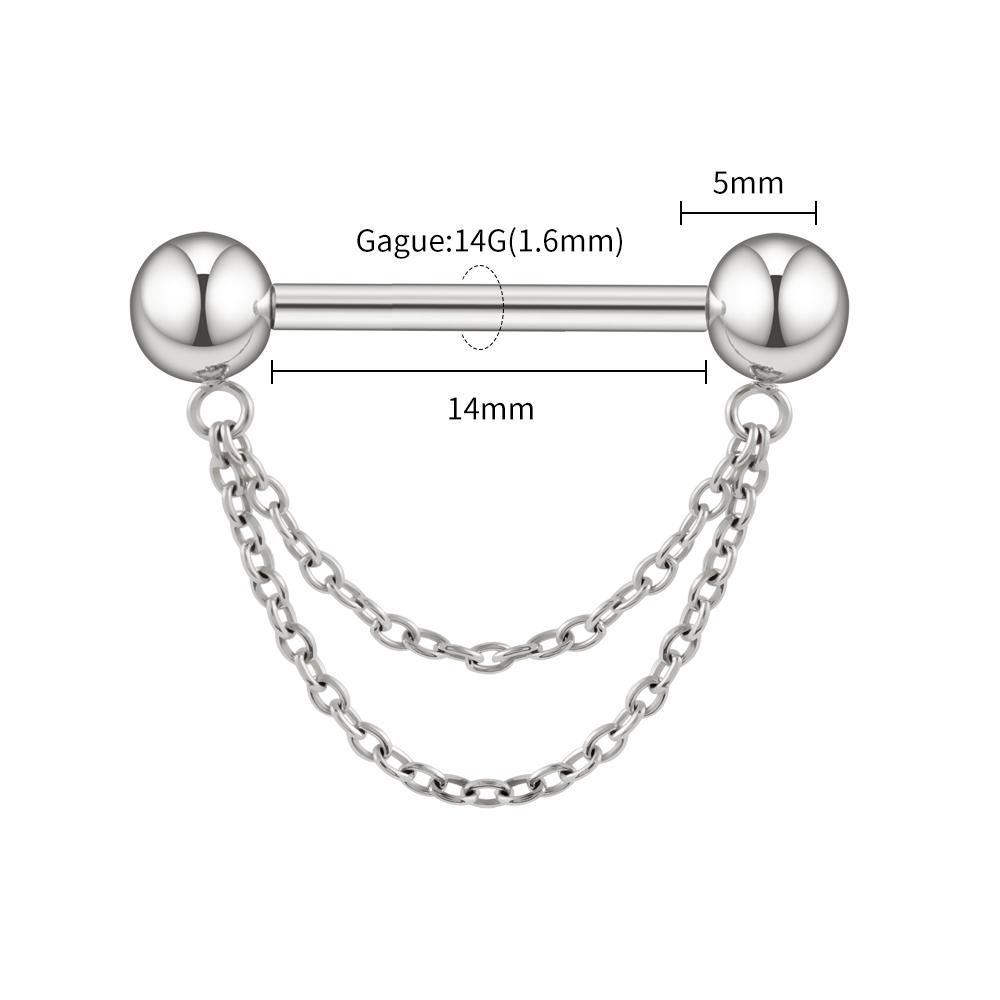 Right Grand ASTM F136 Titanium Threadless Push Pin Nipple Shield Ring with Double Chain Dangle 14G Barbell Piercing Jewelry