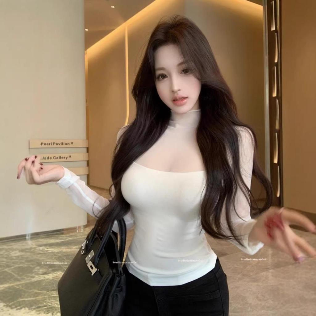 Women's Sheer Mesh Long-Sleeve T-shirt, Spring/Autumn, Half-High Neck Layer, Stylish & Sexy Under Layer.