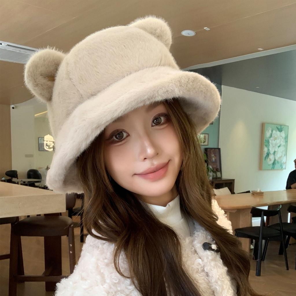 Cute Plush Ears Bucket Hat Women Winter Warm Faux Fur Basin Hat Fashion Casual Outdoor Fisherman Cap