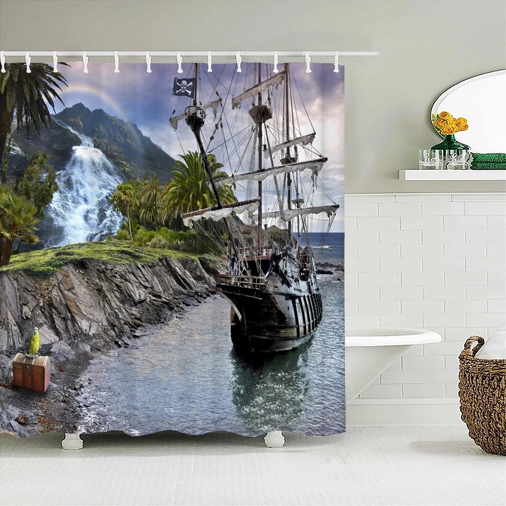 Old Pirate Ship Sea Shower Curtains 3D Printing Bath Curtain With 12 Hooks Bathroom Waterproof Polyester Cloth Bath Screen
