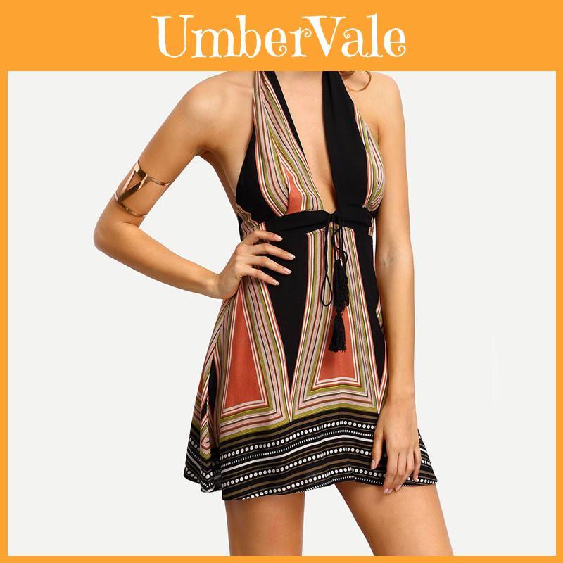 Sexy Deep Vneck Hanging Neck Short Skirt Womens Backless Beach Dress With Cotton Blend Fabric