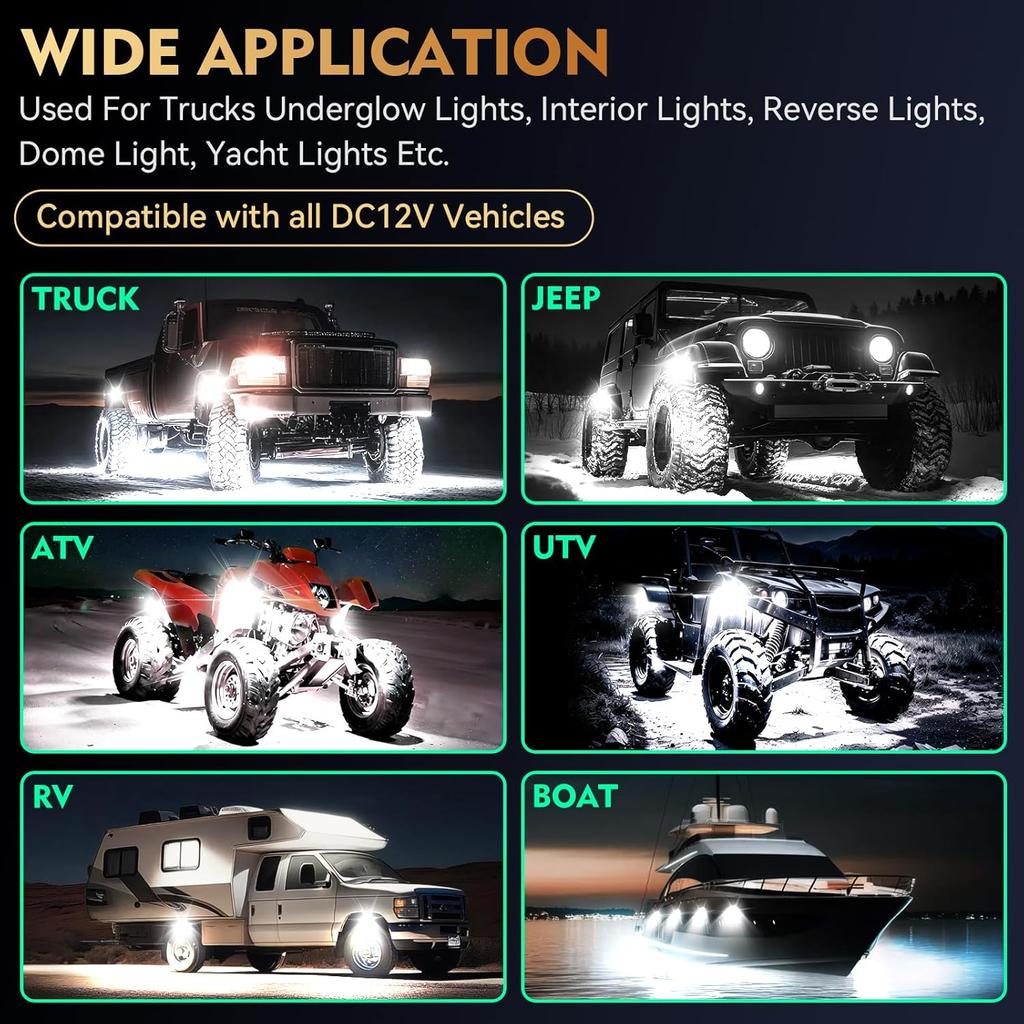 8Pods Pure White LED Rock Lights Kit with Switch Wiring Harness Extension Wire, 6500K 15LEDs Neon Underglow Light Waterproof Fender Lights for Car