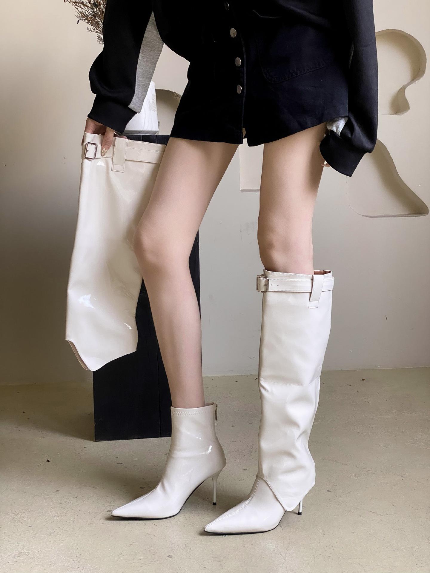 

Два носят европейский и американский стиль нишевые остроносые лакированные глянцевые ремни с пряжкой высокие сапоги до колена тонкие сапоги модные сапоги 40 абрикосовый