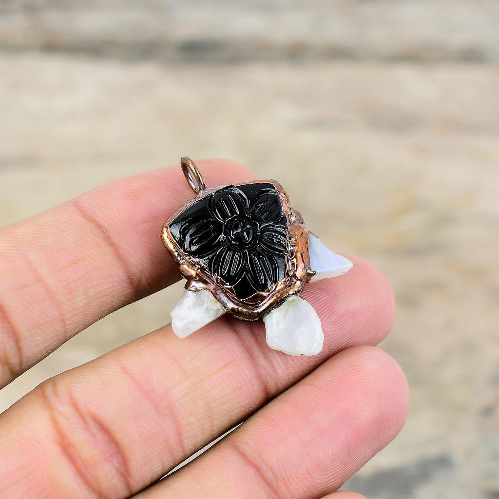 Carved Black Onyx With Rainbow Moonstone Rough Pendant Electroformed Copper Pendant Gemstone Electroformed Jewelry Handmade Pendant For Gift