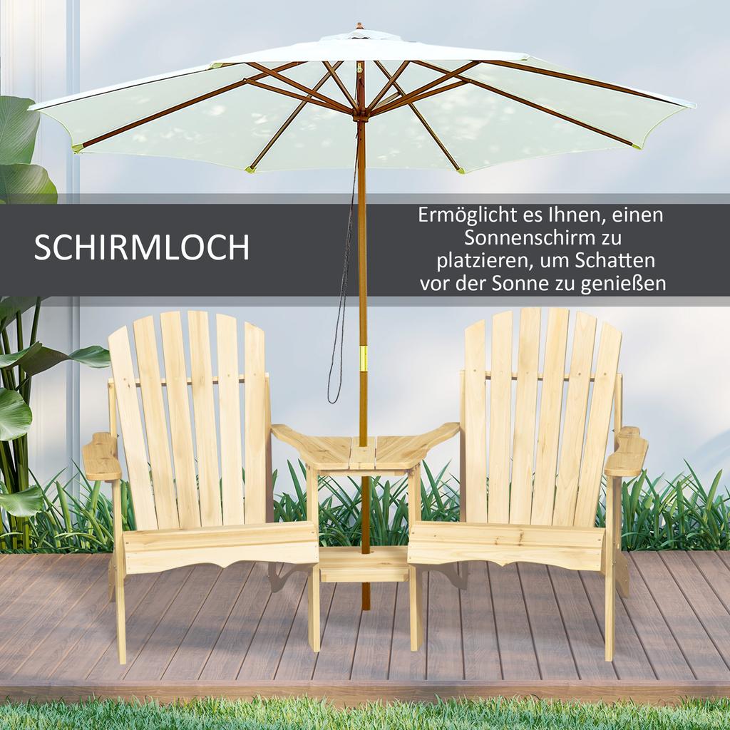 Adirondack Solid Wood Garden Chair with Table and Parasol Hole, 2-seater Garden Armchair, Seating Group, Garden Furniture for Balcony