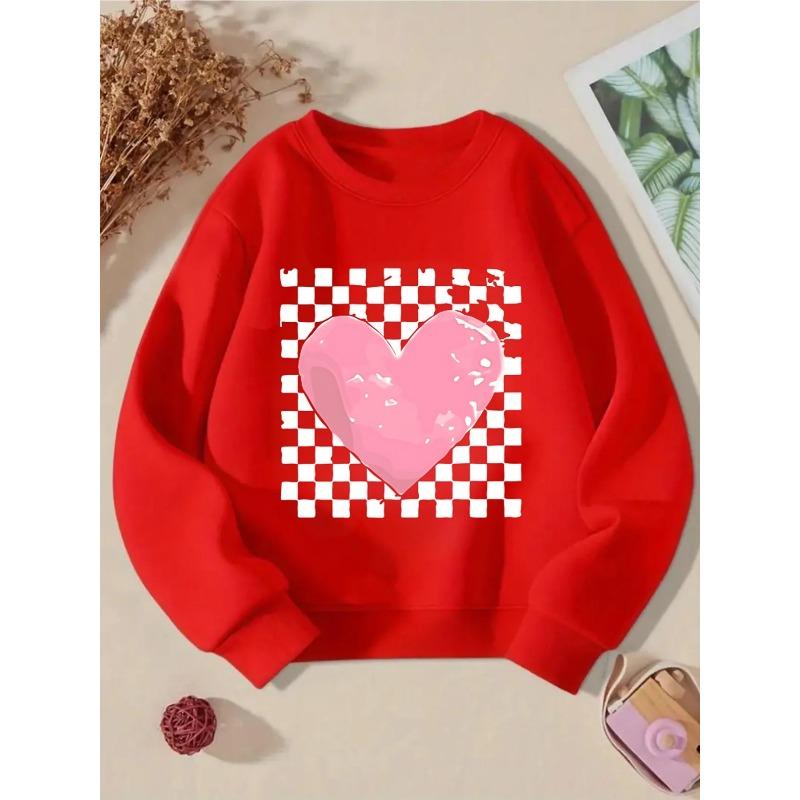 European sizes Kids' Crewneck Sweatshirt - Pink Heart On Checkered Background , Sportswear And Casual Wear, Soft And Comfortable, Children's Clothing