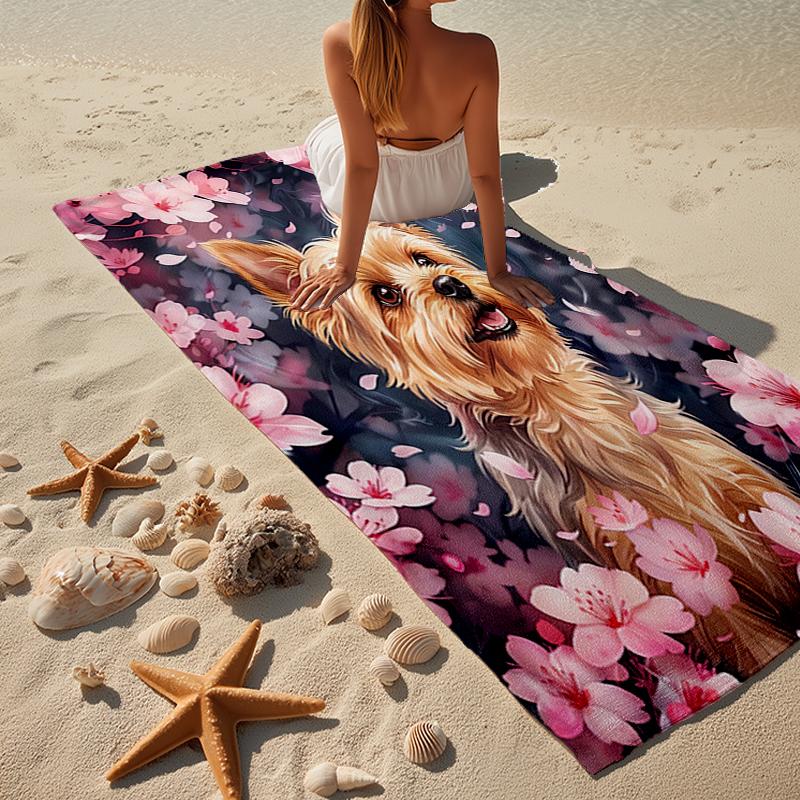 Cherry Blossom Yorkie Beach Towel, Super Soft Microfiber, Gift for Her/Him, Birthday, for Pool, Beach, Travel, Home Decor Fan Gifts