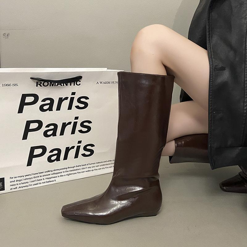 Versatile Temperament Low Heel Knight Boots Women's Autumn Korean Version Simple Pointed Sleeve High Slope Heel Boots Retro Boots