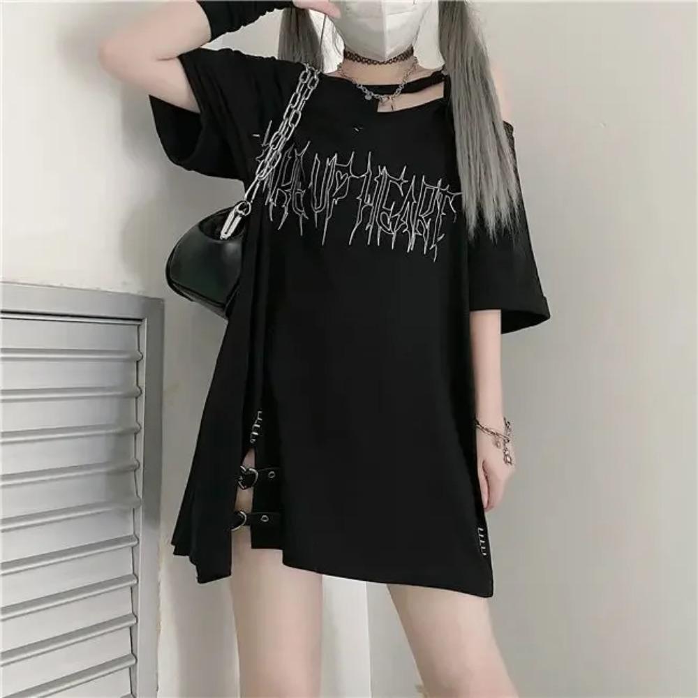 

Девушка Принт Письма Открытые Плечи Панк Футболки Женщины Повседневная Уличная Черная Готическая Футболка Харадзюку Уличная Одежда Эстетика XXXL чёрный