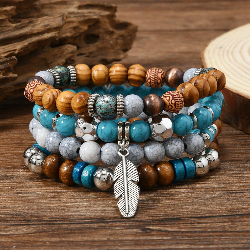 Turquoise Beaded Multi-layer Elastic Cord Wooden Bead Bracelet Set for Women