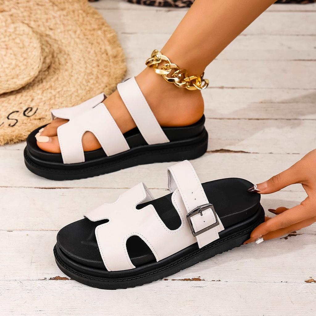 Large size slippers women's versatile thick bottom one-word buckle solid color casual cool slippers women