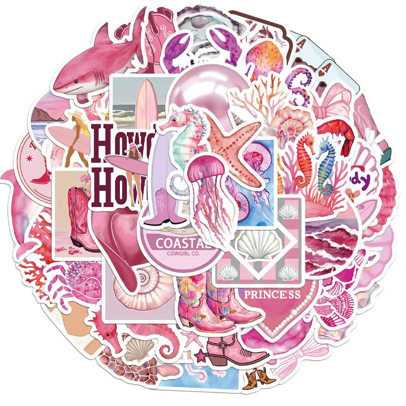 50PCS Aesthetic Pink Ocean Stickers Pack Pink Summer Graffiti Beachy Stickers for Luggage, Journal, Laptop, Kindle, Scrapbook