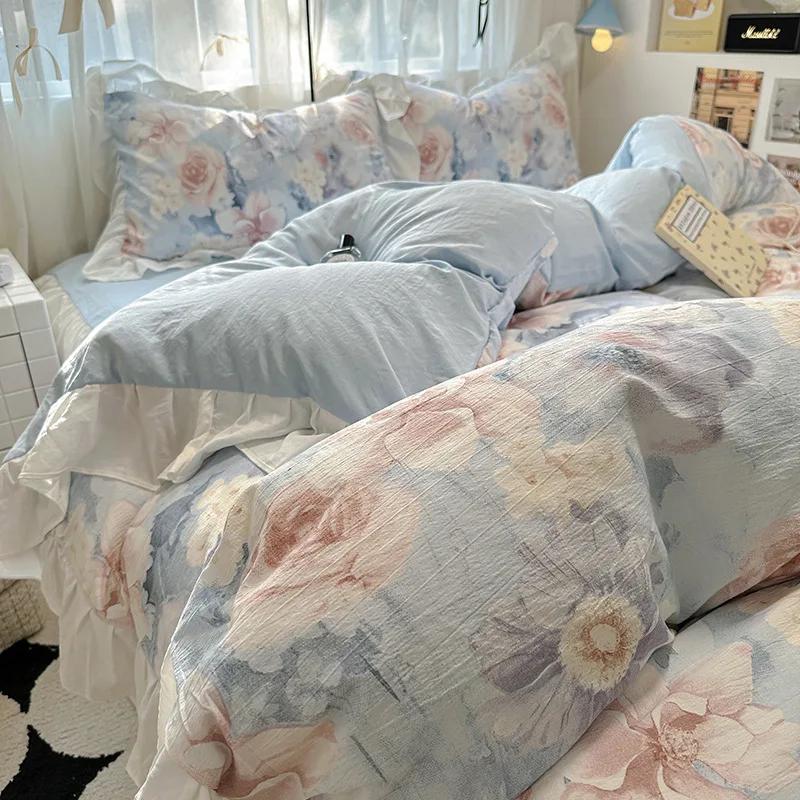 1.5/1.8 Korean Style 100% Cotton Fitted Sheet Sets with Lace Flower Print Bedding Set for Seasons Home Bedclothes for Adult Kids