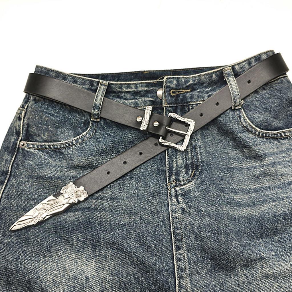 Adjustable Carved Buckle Belt for Pants Jeans Eye Catching PU Belt Y2K Metal Buckle Skinny Belt Vintage Waist Ornament