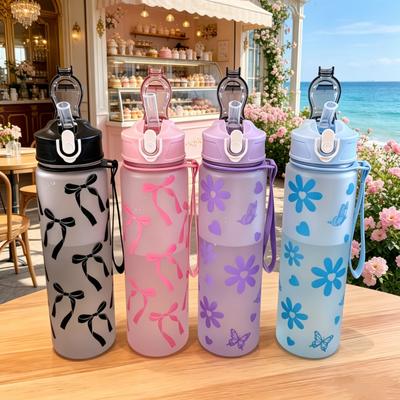Wasserflasche mit Vollflächen-Druck von Blumen- und Schleifenmustern, Trendy & Stilvoll, Leicht mit tragbarem Lanyard, Langlebig
