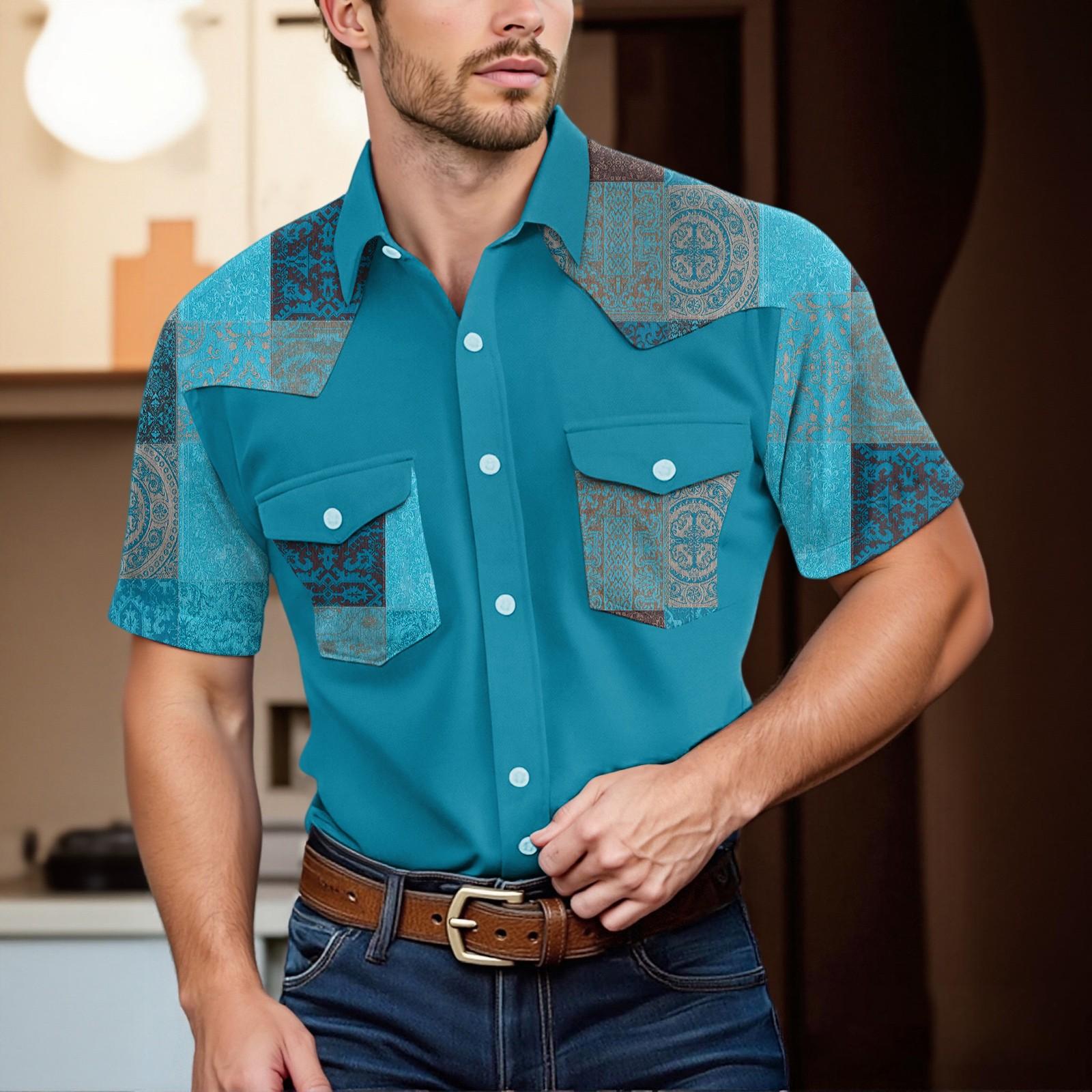 

Men S Fashionable Lapel And Shoulder Length Short Sleeved Casual Top XL ціан