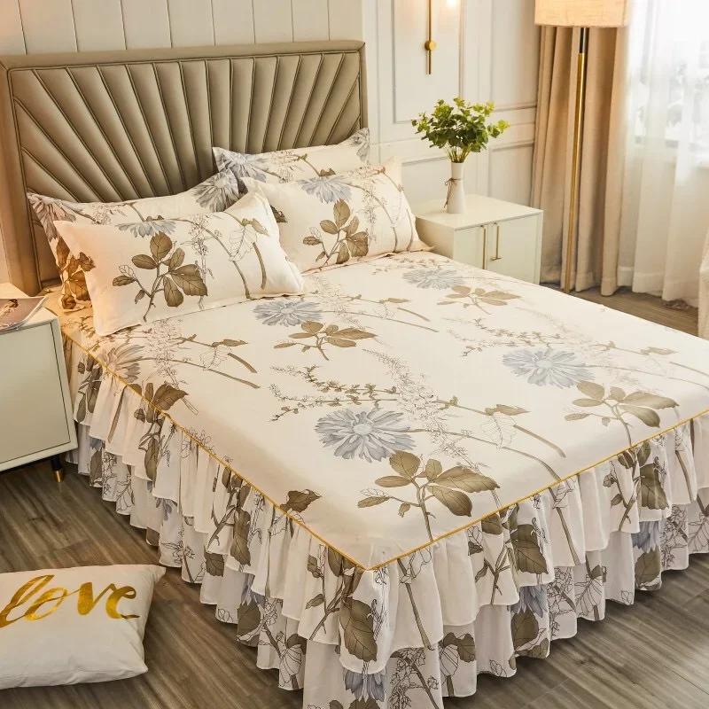 Double Layer Ruffled Bedroom Solid/Flower Pattern Cotton Bed Skirt Coverlets Elastic Tight Dust Cover Bedding