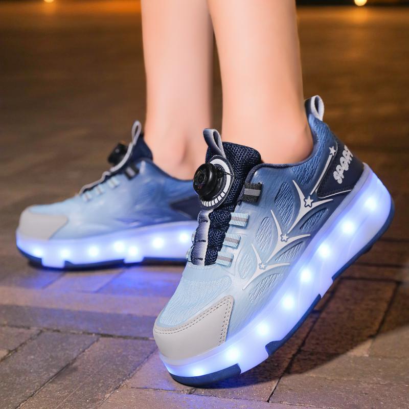 29-40 Lśniące Trampki Dziecięce Buty z Oświetleniem LED Dzieci Chłopcy Dziewczynki Ładowanie USB Świecące Kółka Buty do Parkouru Rolki