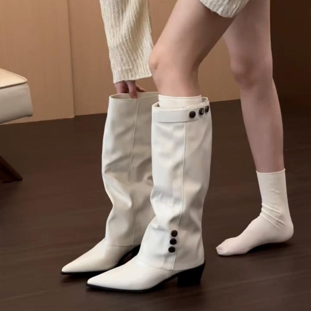 2025 French Temperament Pointed Boots Women's Thick Heels But Knee Spice Girls Pant Boots Retro Knight Boots.