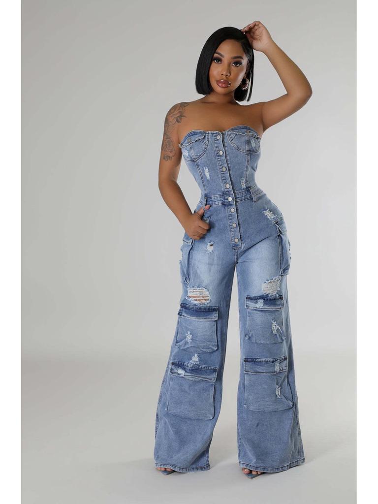 European & American Casual Strapless Slim-Fit Denim Jumpsuit for Women