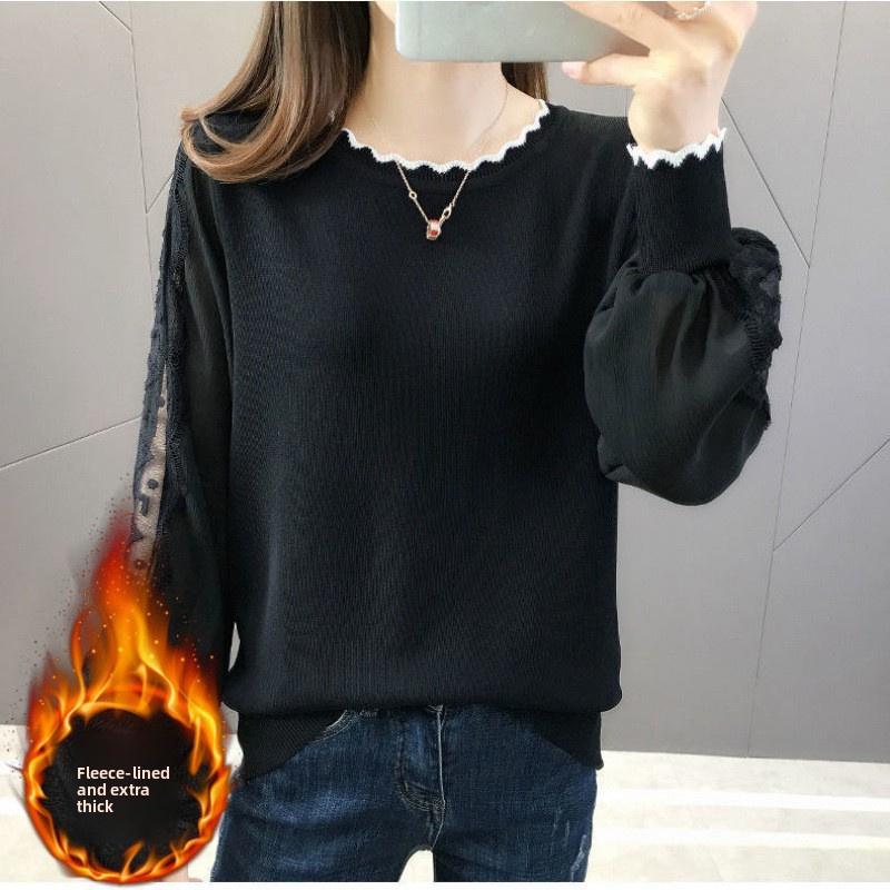 2026 New T-Shirt Round Neck Women s Top Chiffon Lace Versatile Korean Style Lantern Sleeve Long Sleeve S