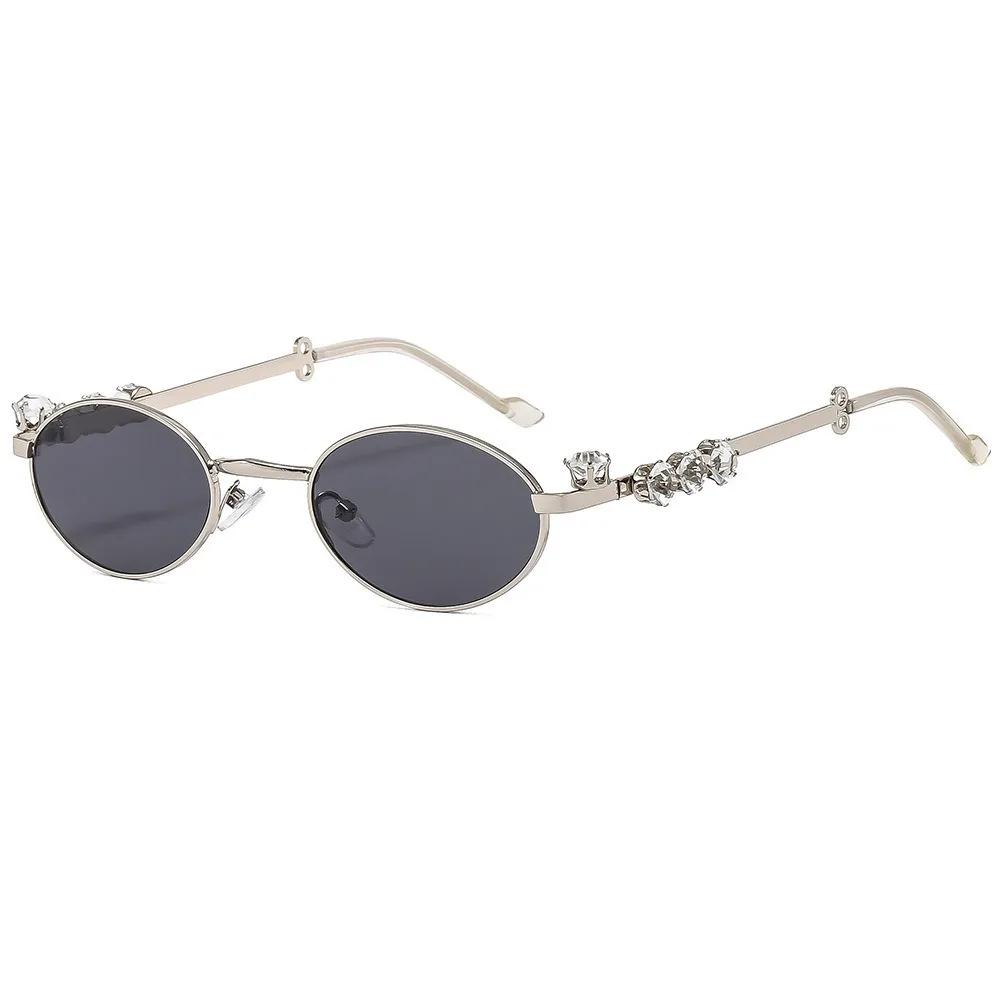 Women's Punk Retro Silver Anti Blue Light Eyewear Rhinestone Stainless Steel Oval Frame Glasses Girl Reading Seaside Spectacles