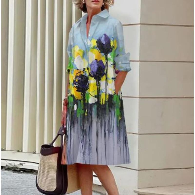 Novos produtos de outono, camisa com gola estampada de bolinhas de temperamento fashion, manga comprida, vestido médio e longo
